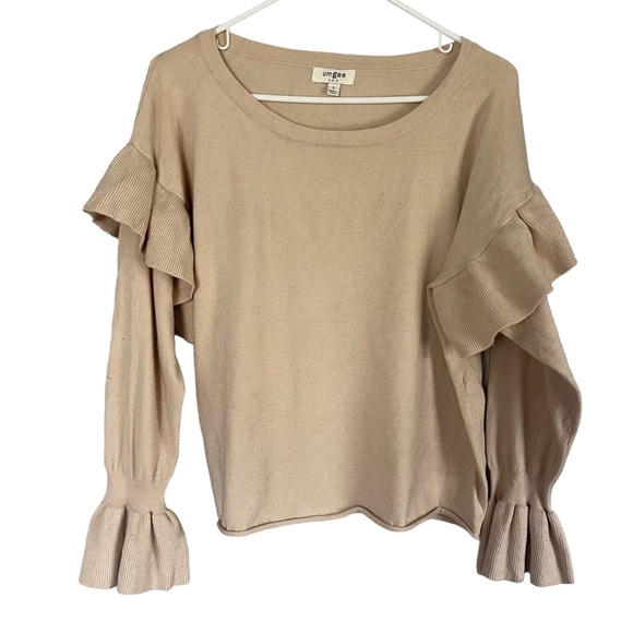 Umgee Ruffle Sweater Crew Neck Pullover Tan Blush Long Sleeve sz S - Picture 1 of 6